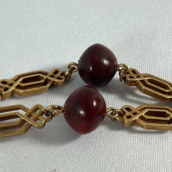 Vintage Sarah Coventry Gold Tone Brown Beaded Necklace Ornate Classic - Picture 6 of 7